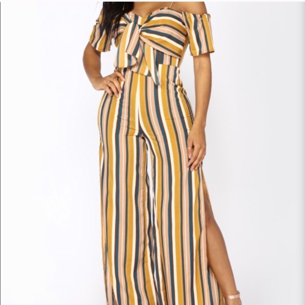 Fashion Nova Mustard Striped Jumpsuit